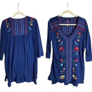 Embroidered Tunic Top M Johnny Was Blue Floral Boho V Neck 3/4 Sleeve